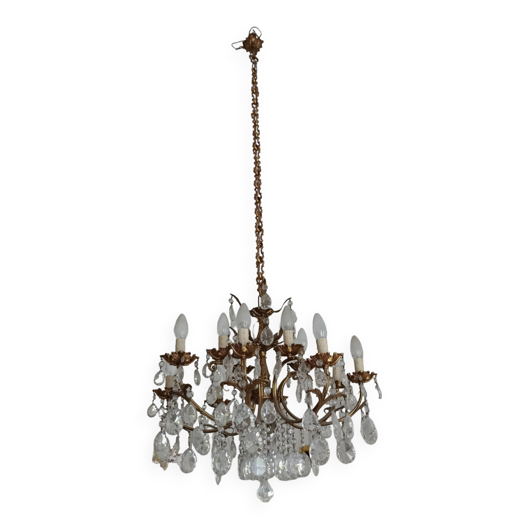 8-spoke chandelier brass and glass - gilded