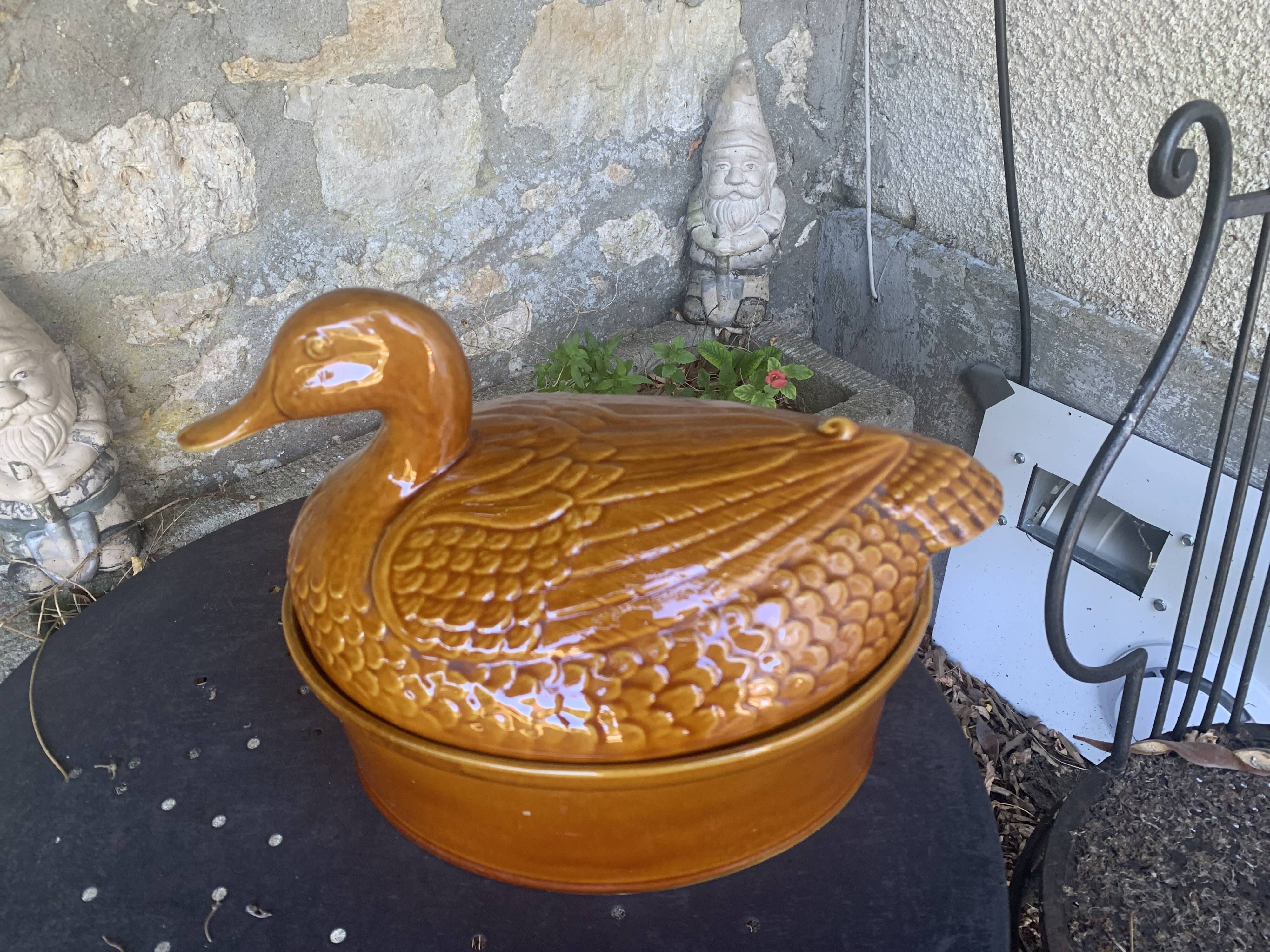 Duck, slip, glazed ceramic terrine, brown, vintage