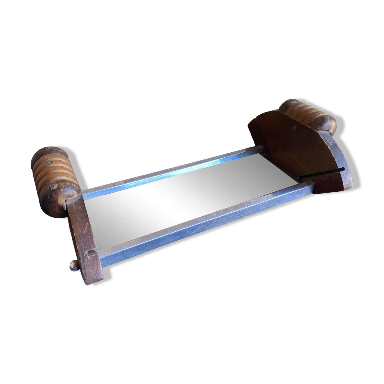 Aperitif Server Vintage Art Deco Wood + Aluminium + Mirror Base #D978