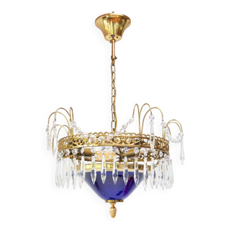 Lustre suédois style gustavien en laiton 20ème cristal bleu