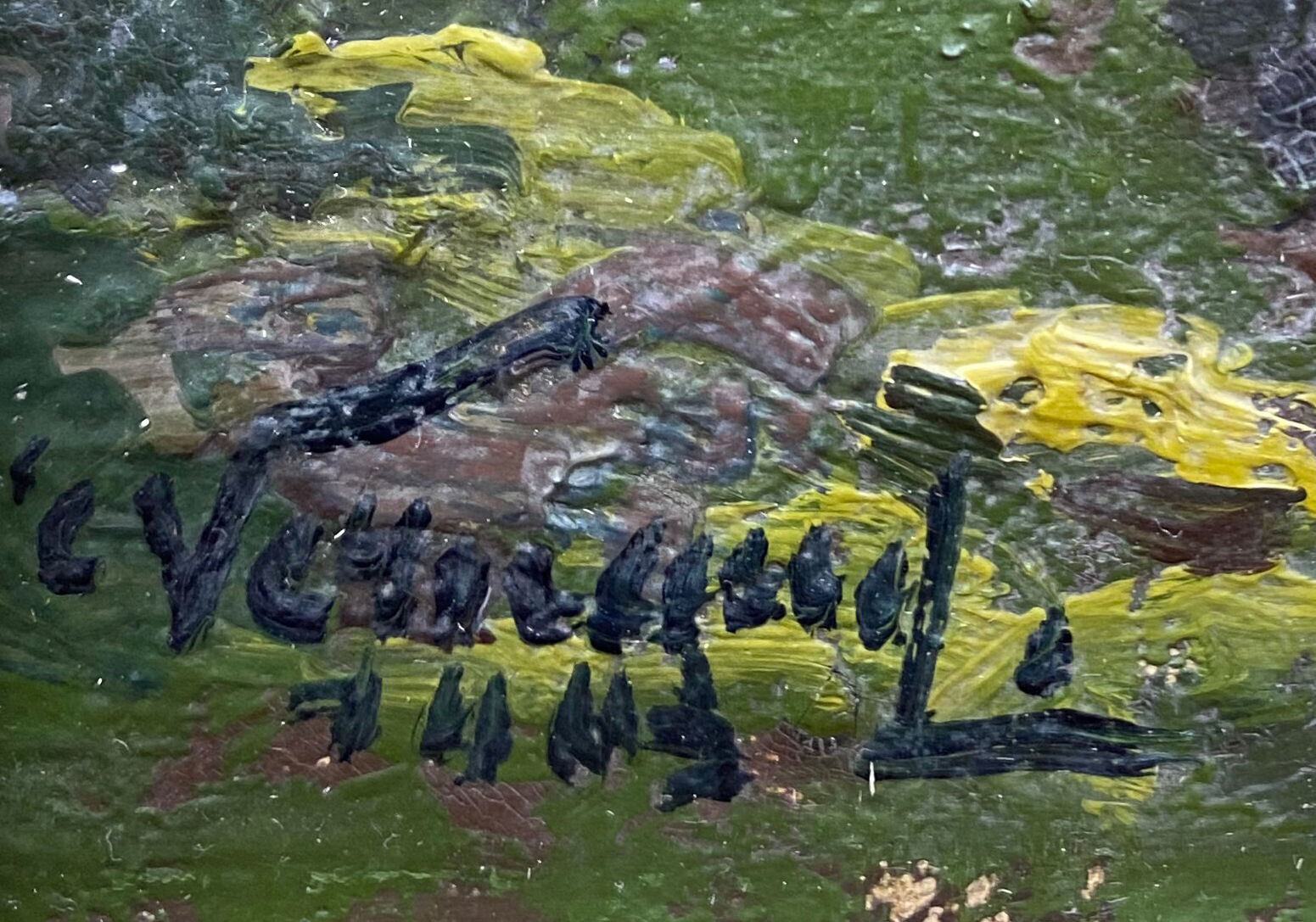 HST table "Animated mountain landscape" XIX°/XX° signed with frame