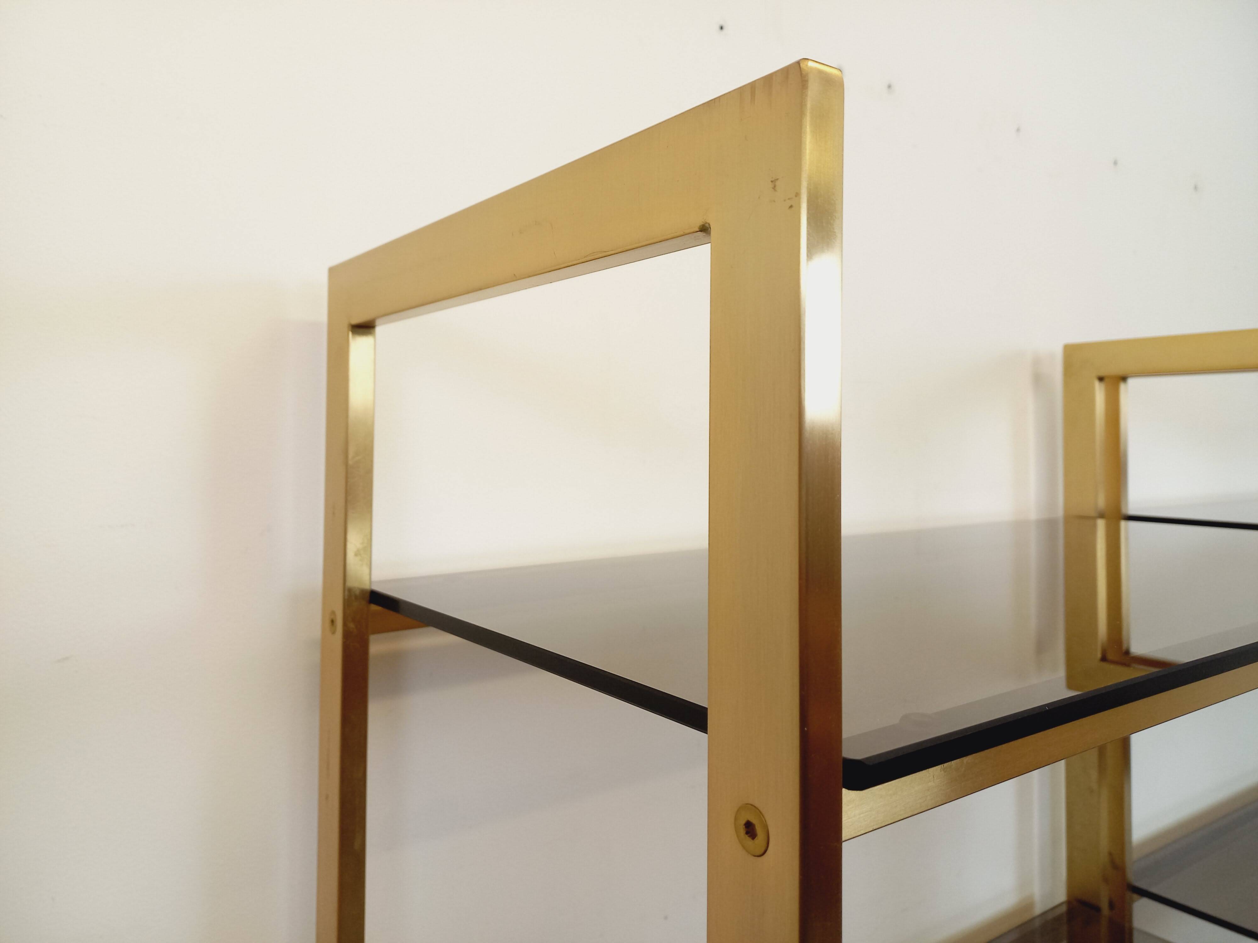 Artelano vintage bookcase shelves in gold metal smoked glass from the 70s