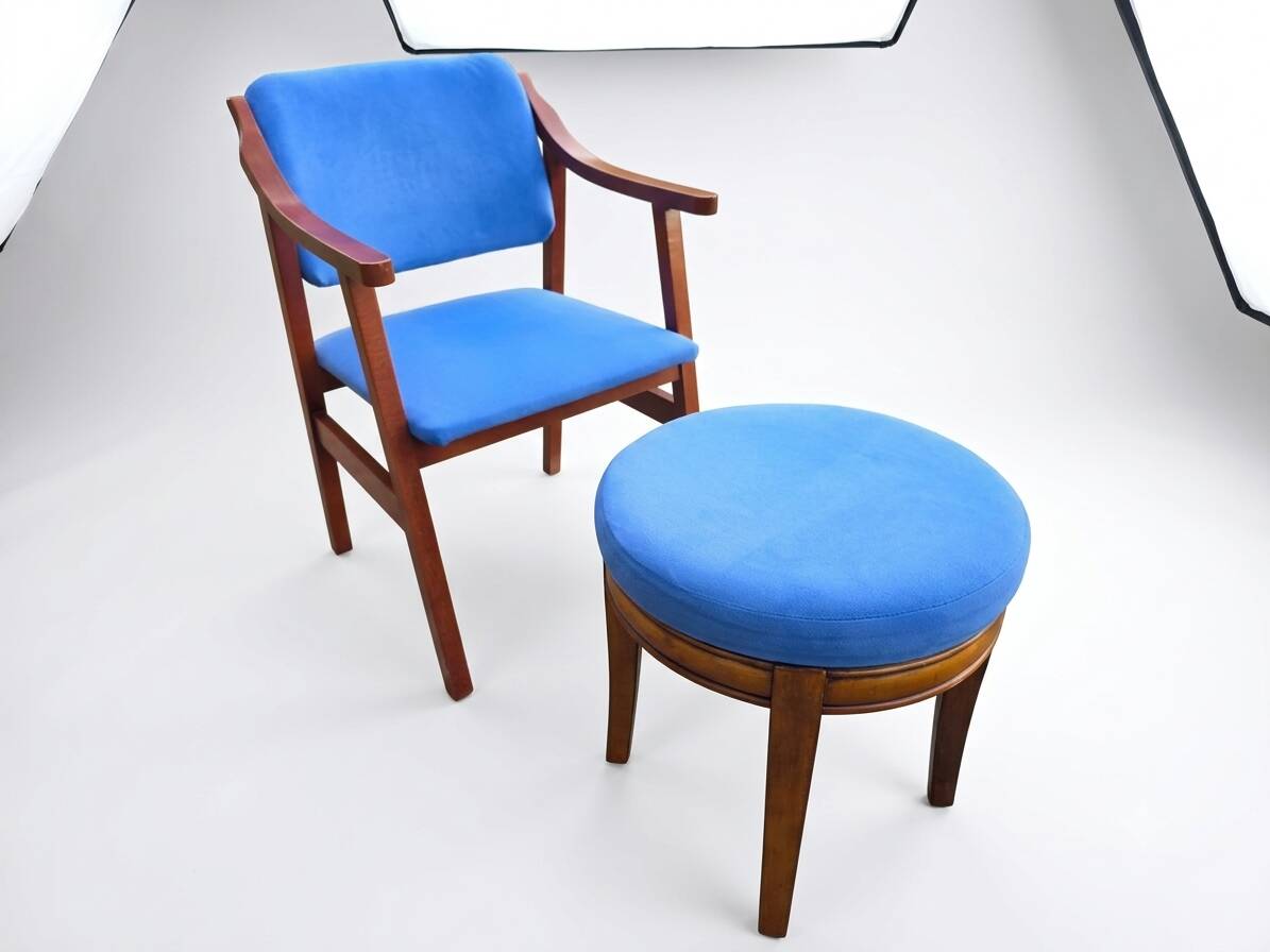 Scandinavian style armchair + velvet footrest