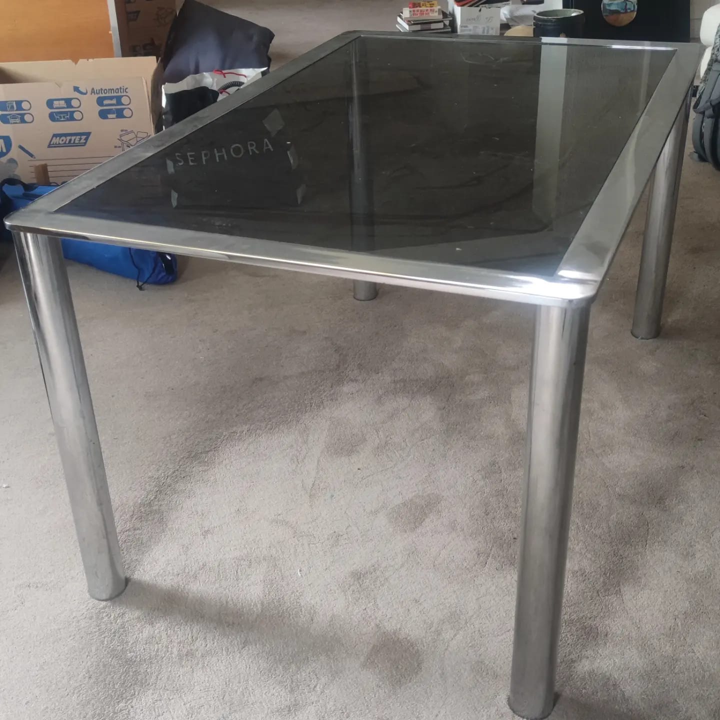 Dining table in chromed steel and smoked glass top, 1969