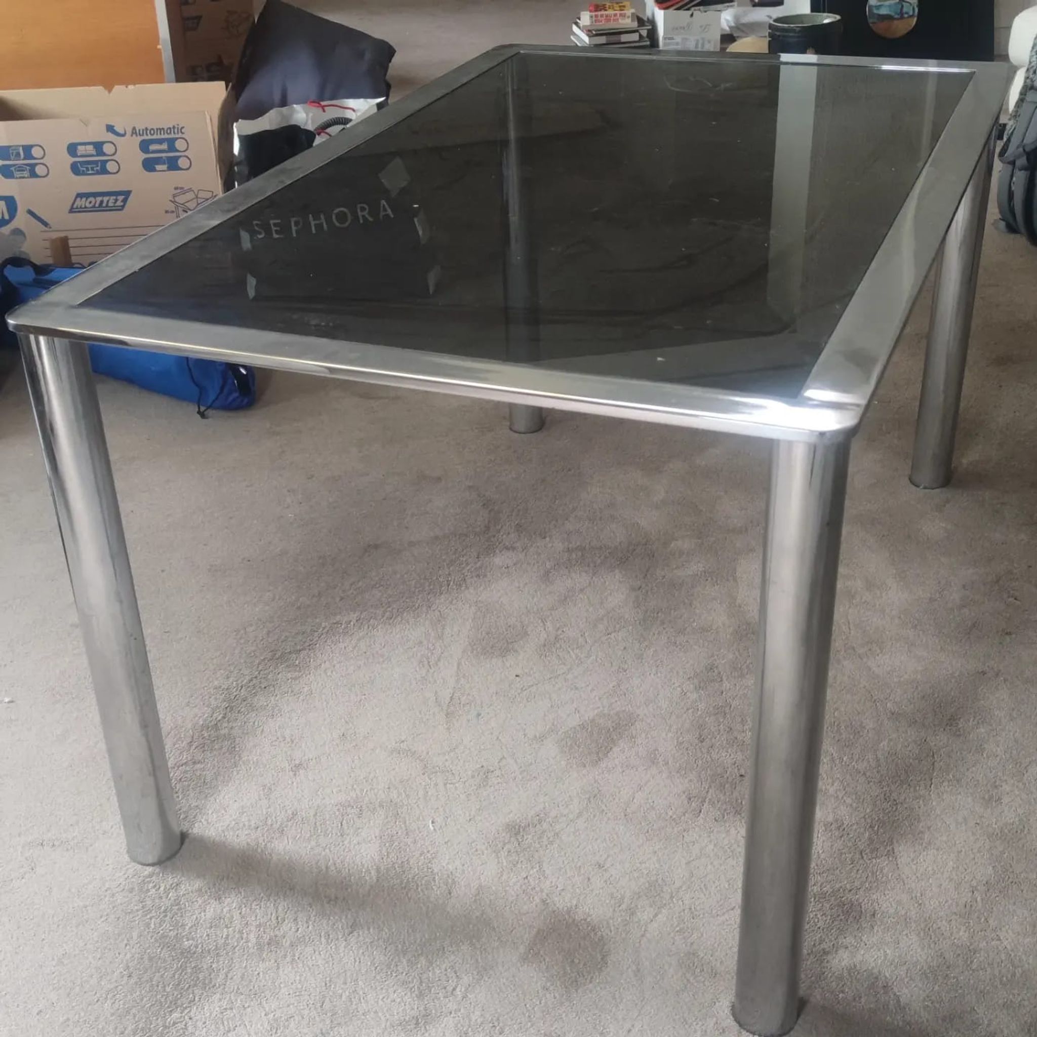 Dining table in chromed steel and smoked glass top, 1969