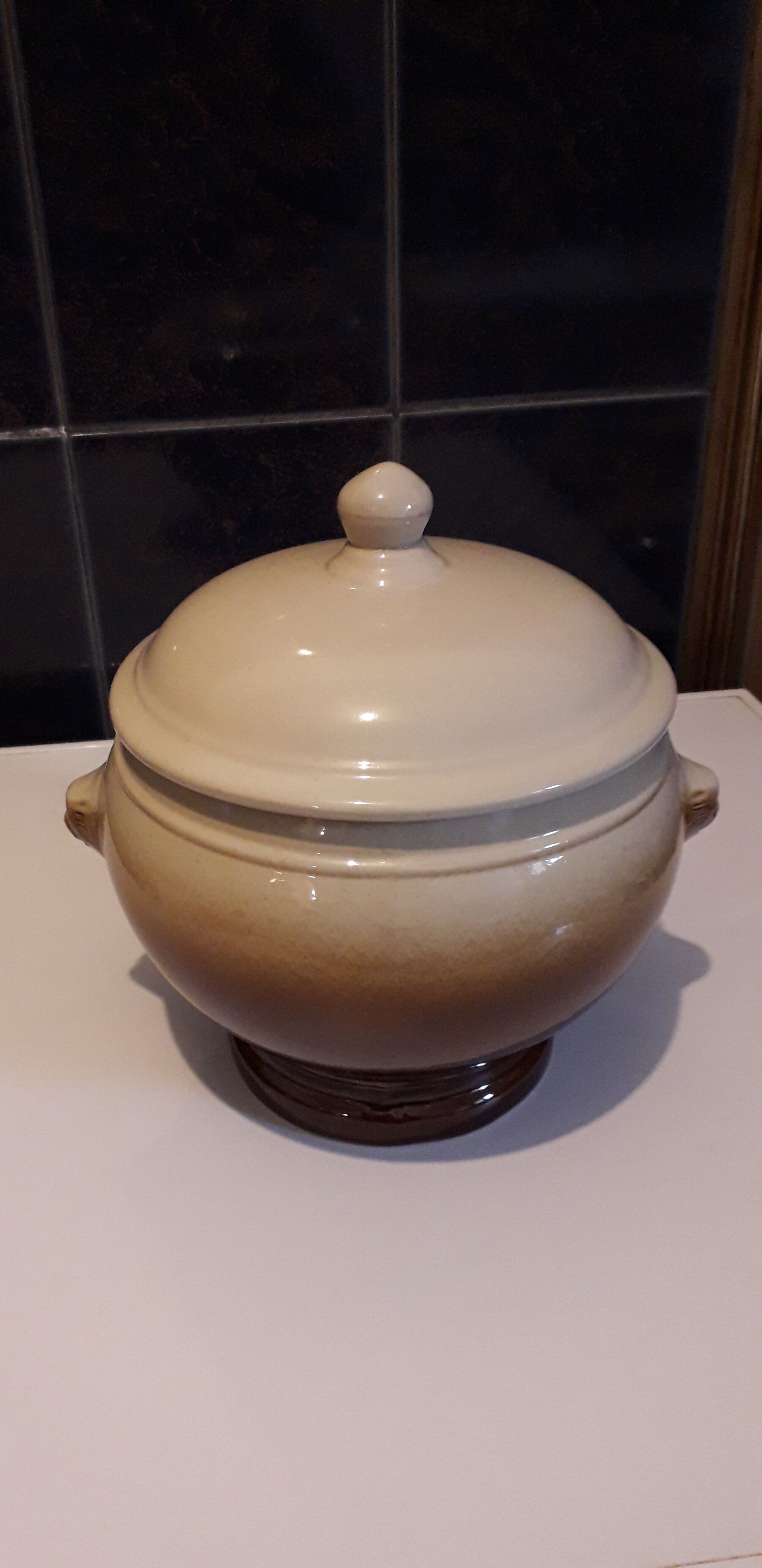 Large covered two-tone ceramic soup bowl with "lion's head" handles