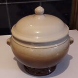 Large covered two-tone ceramic soup bowl with "lion's head" handles