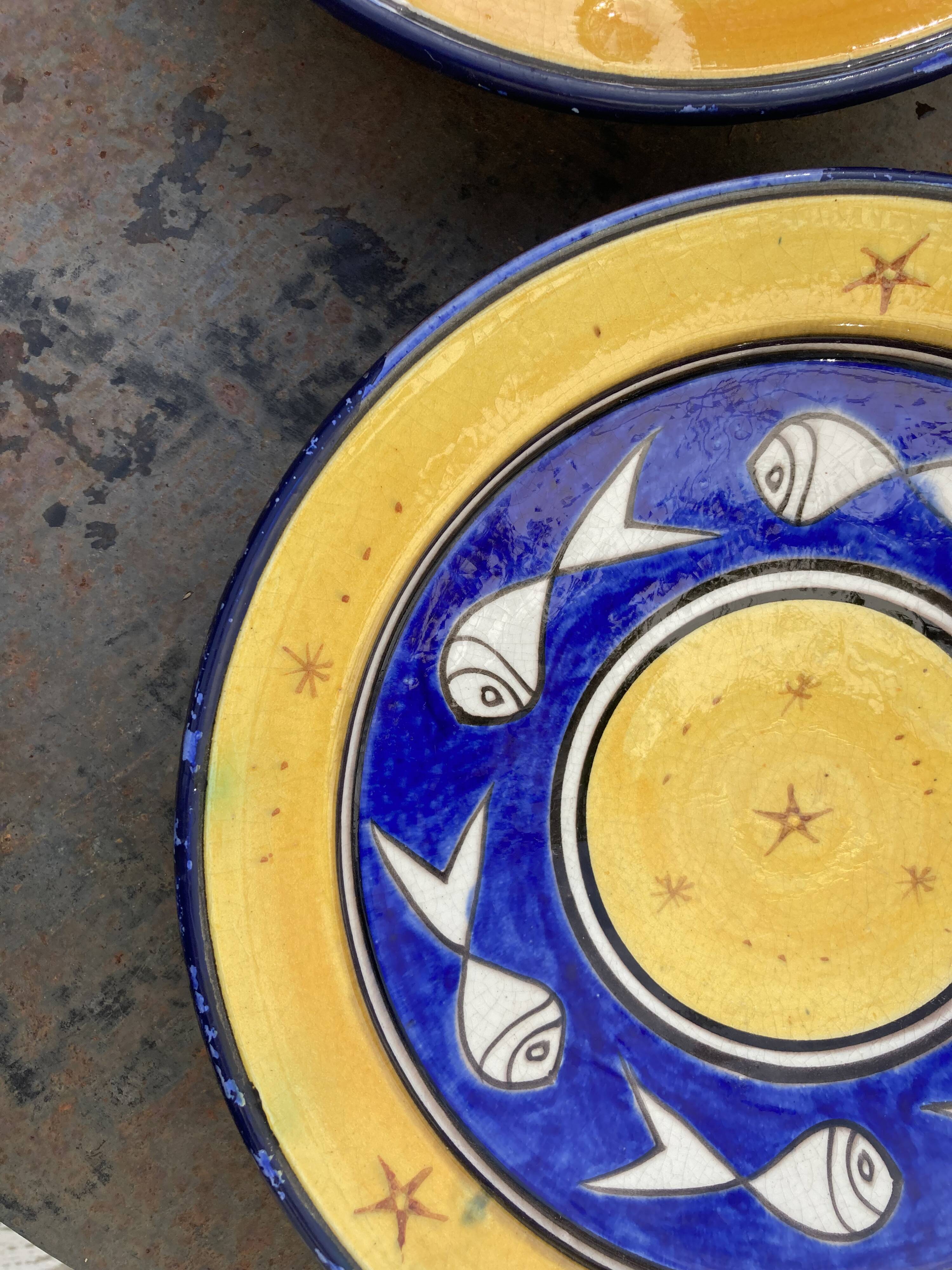 Pair of dishes Safi Dmani ethnic ceramic fish yellow and blue - vintage pottery