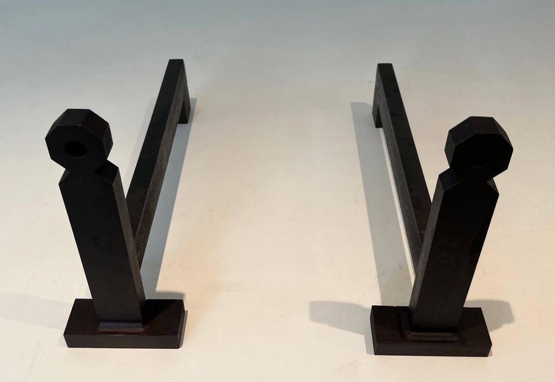 Pair of Minimalist Modernist Wrought Iron Chenets with Torch Holders in Nut Design