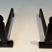 Pair of Minimalist Modernist Wrought Iron Chenets with Torch Holders in Nut Design