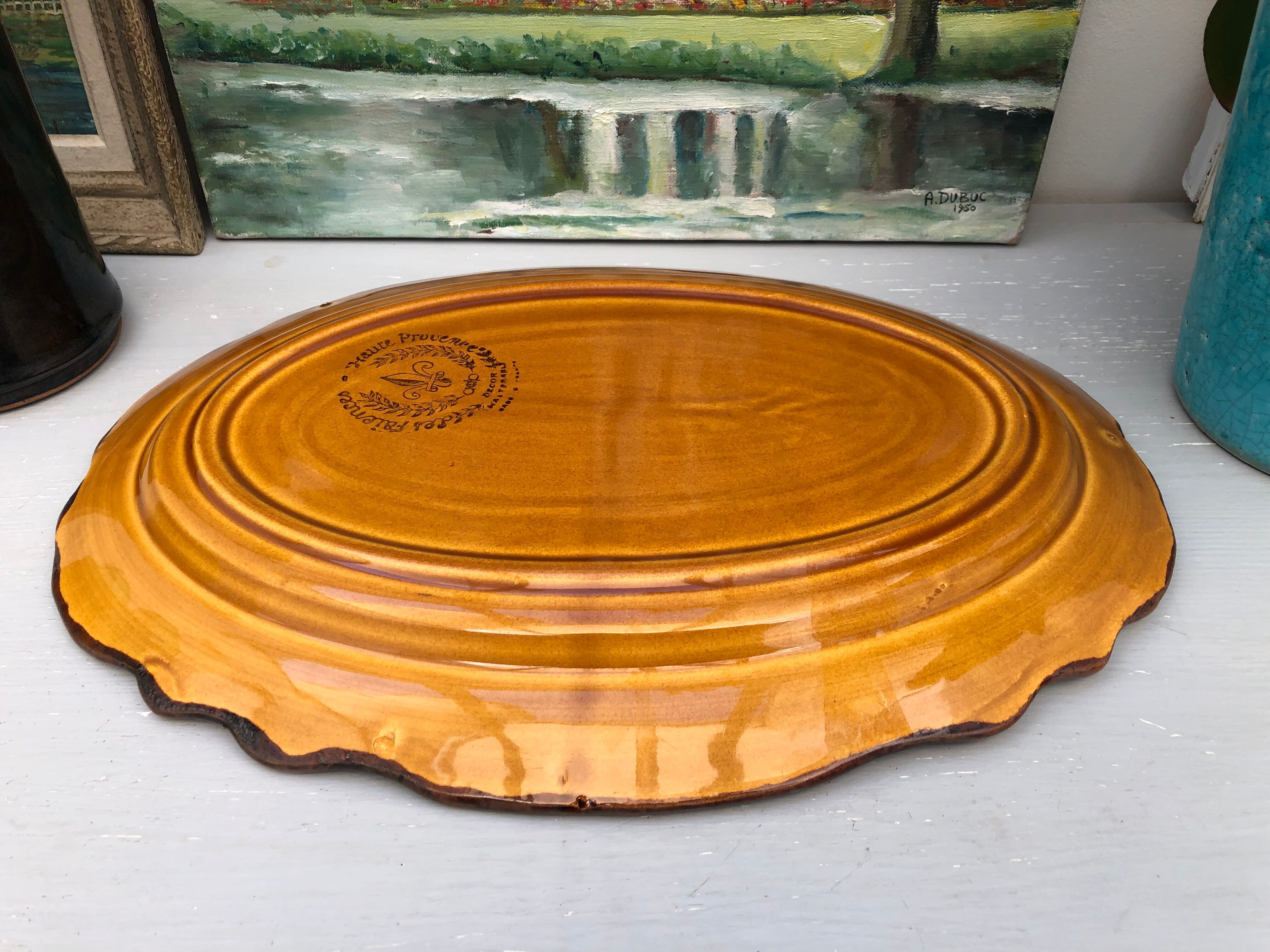 Oval dish caramel color chocolate brown edging signed faience haute provence made in France