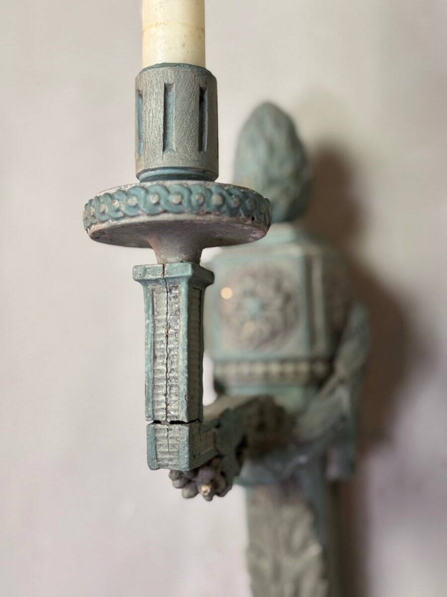 Pair of Louis XVI Style Wall Lights in Carved and Painted Wood, Circa 1900