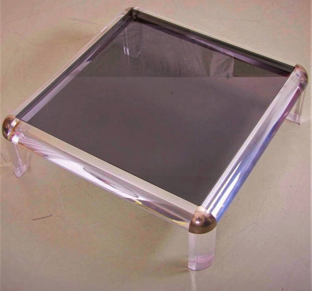Square coffee table in brass and smoked and lucite glass Karl Springer 1970s