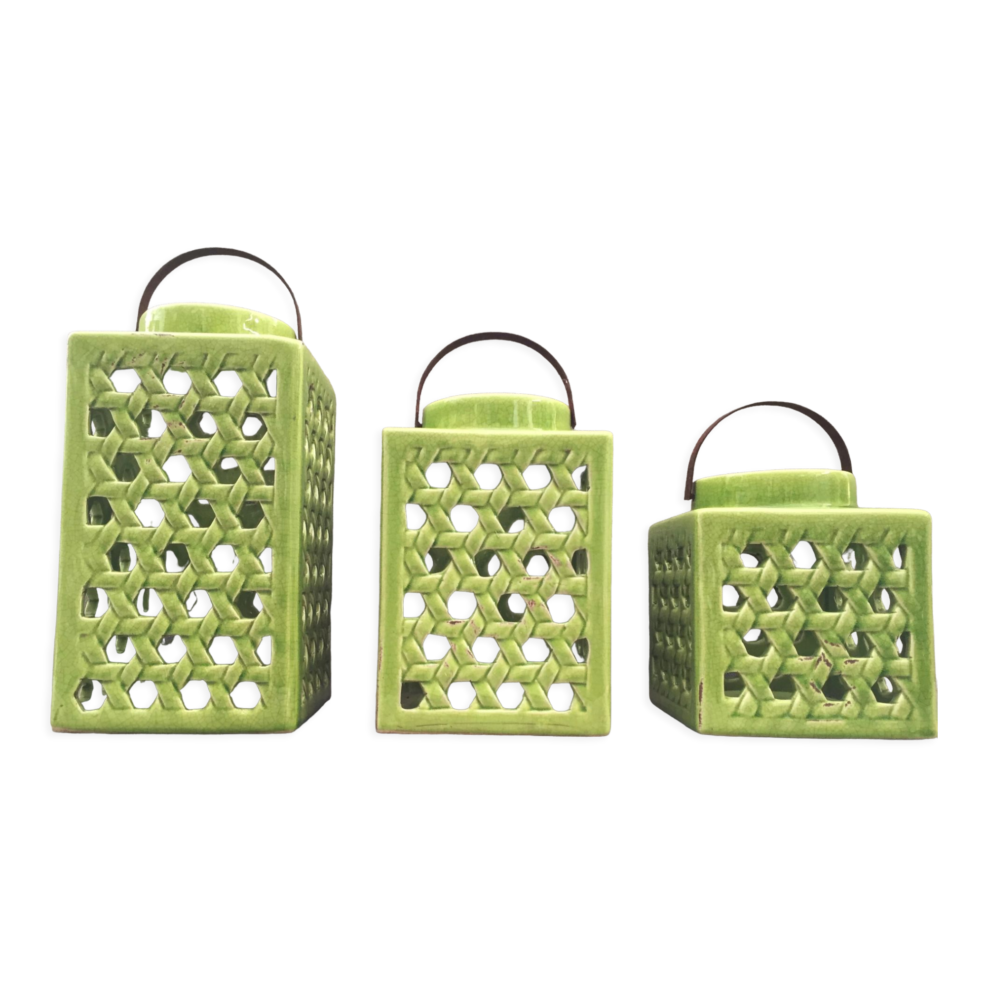 Set trio decorative lanterns design ceramic enamelled cracked glaze