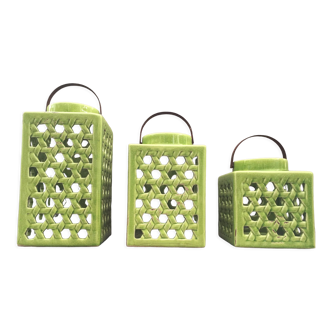 Set trio decorative lanterns design ceramic enamelled cracked glaze