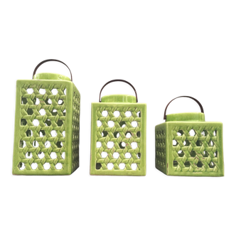 Set trio lanternes decoratives design ceramique emaillees craquelée glaçure