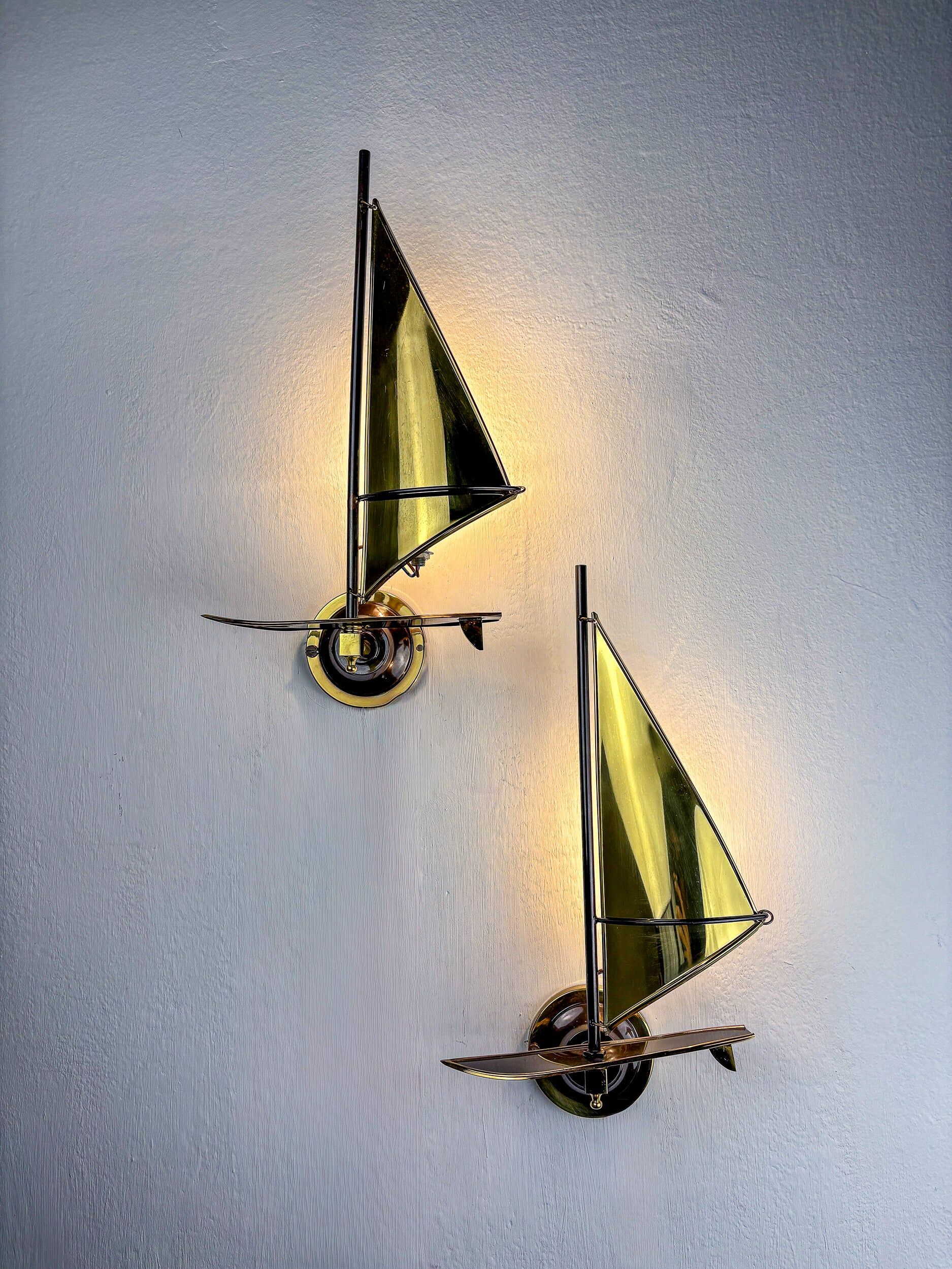Pair of midcentury brass "sailboats" wall sconces, Italy 1960s