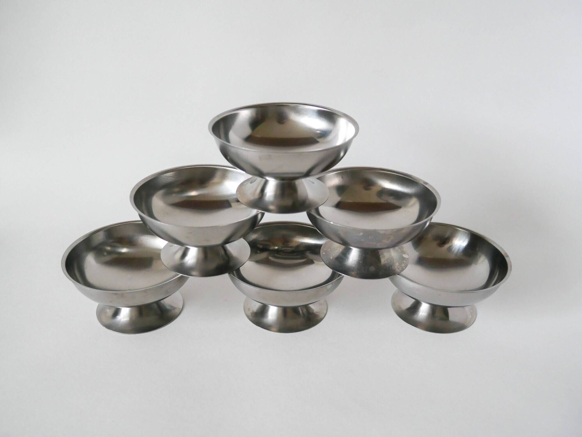 set of 6 large wide foot bowls in stainless steel 1970