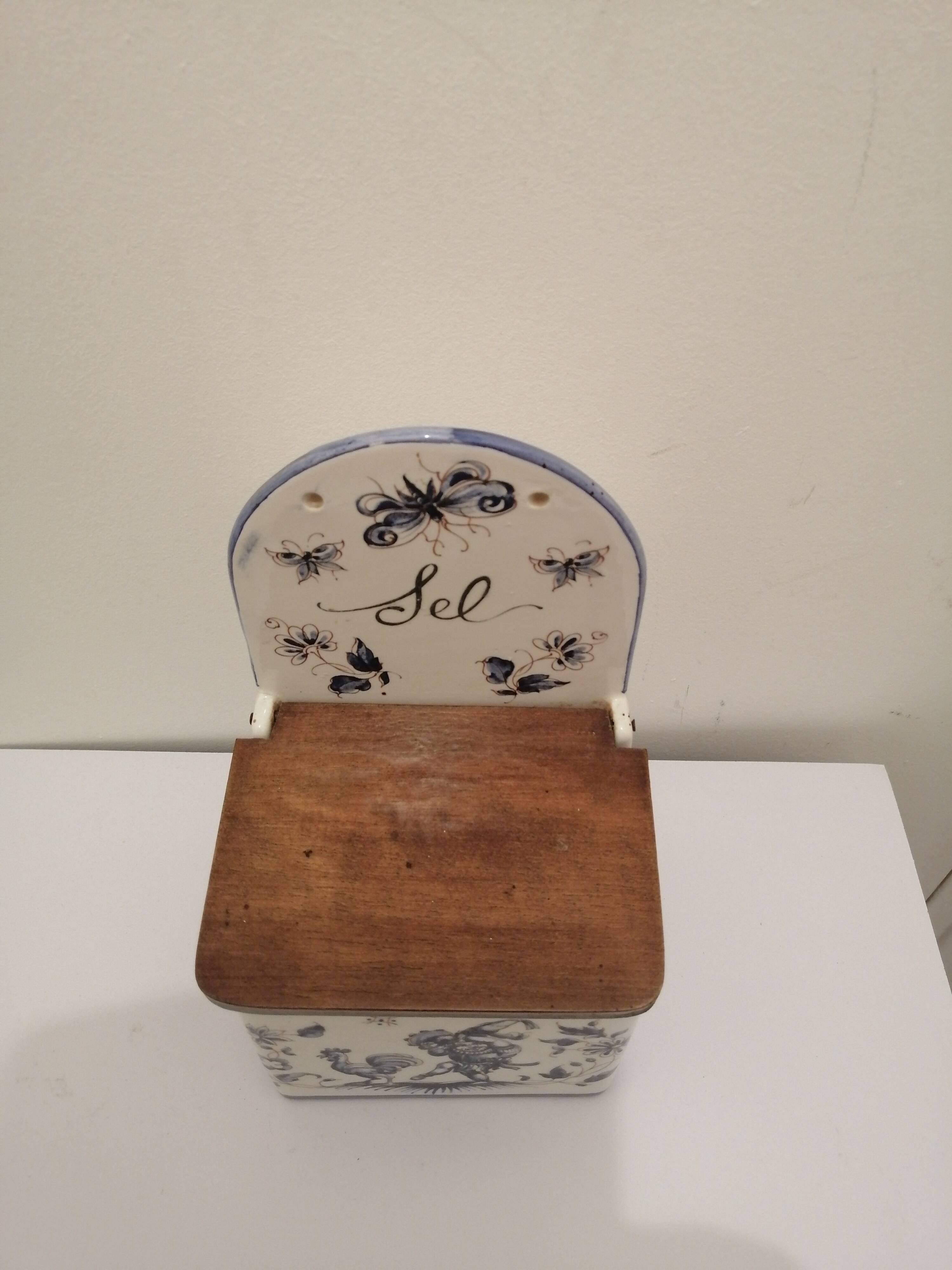 Vintage ceramic and wood salt box