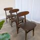 Set of 3 Vintage Wooden Dining Chairs with Brown Leather Seats / Mid-Centur