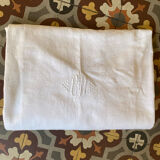White cotton and linen tablecloth with central monogram from the 1960s.