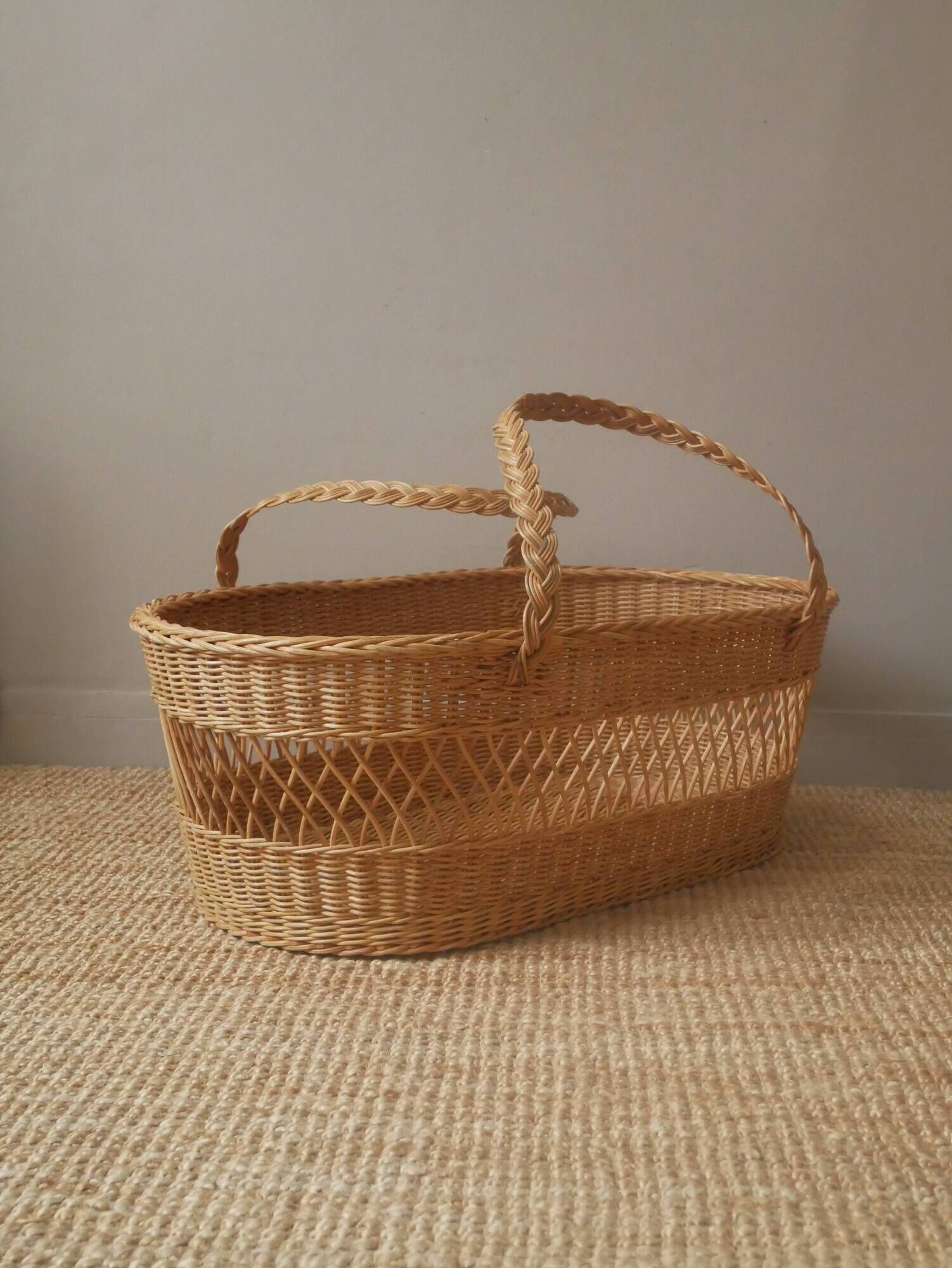 Vintage Moses cradle basket woven wicker handcrafted Scandinavian decoration rattan