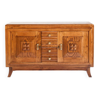 Art Deco style solid oak sideboard / Brutalist details. Vintage. France, 1950s