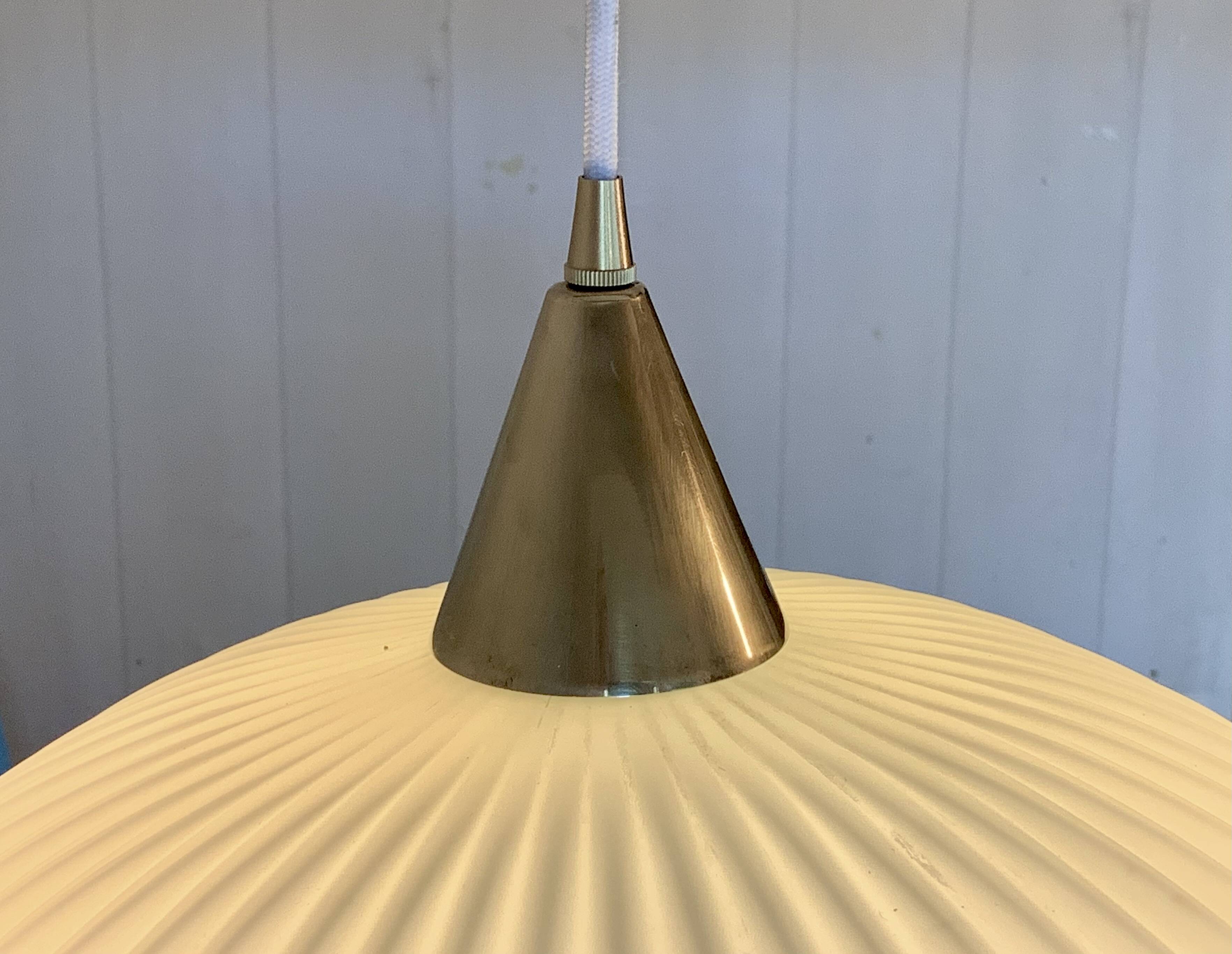 Large Scandinavian pendant light in striated opaline and brass from the 60s