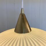 Large Scandinavian pendant light in striated opaline and brass from the 60s