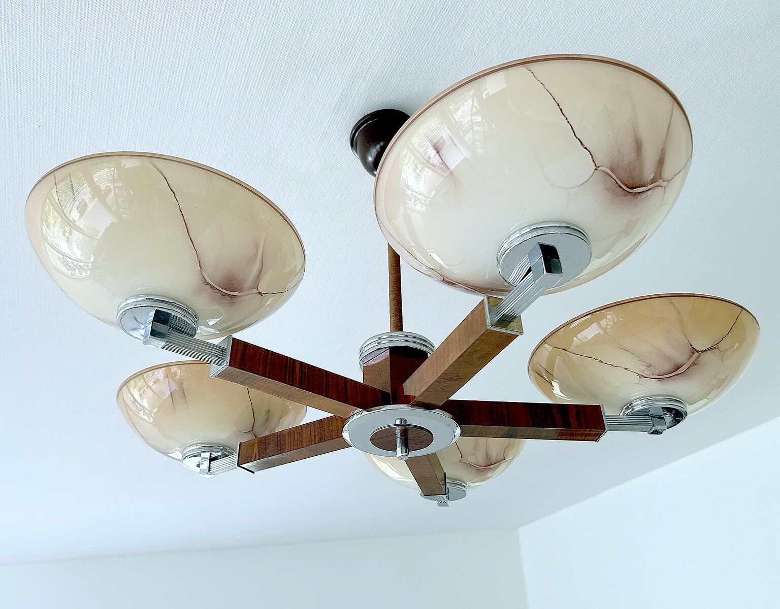 Large Art Deco pendant light in wood and glass, 1930s