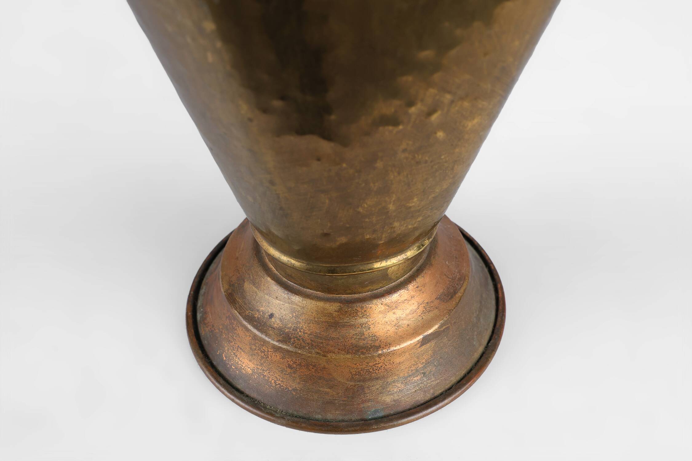 French vintage rustic brass and copper base umbrella stand with embossed decoration
