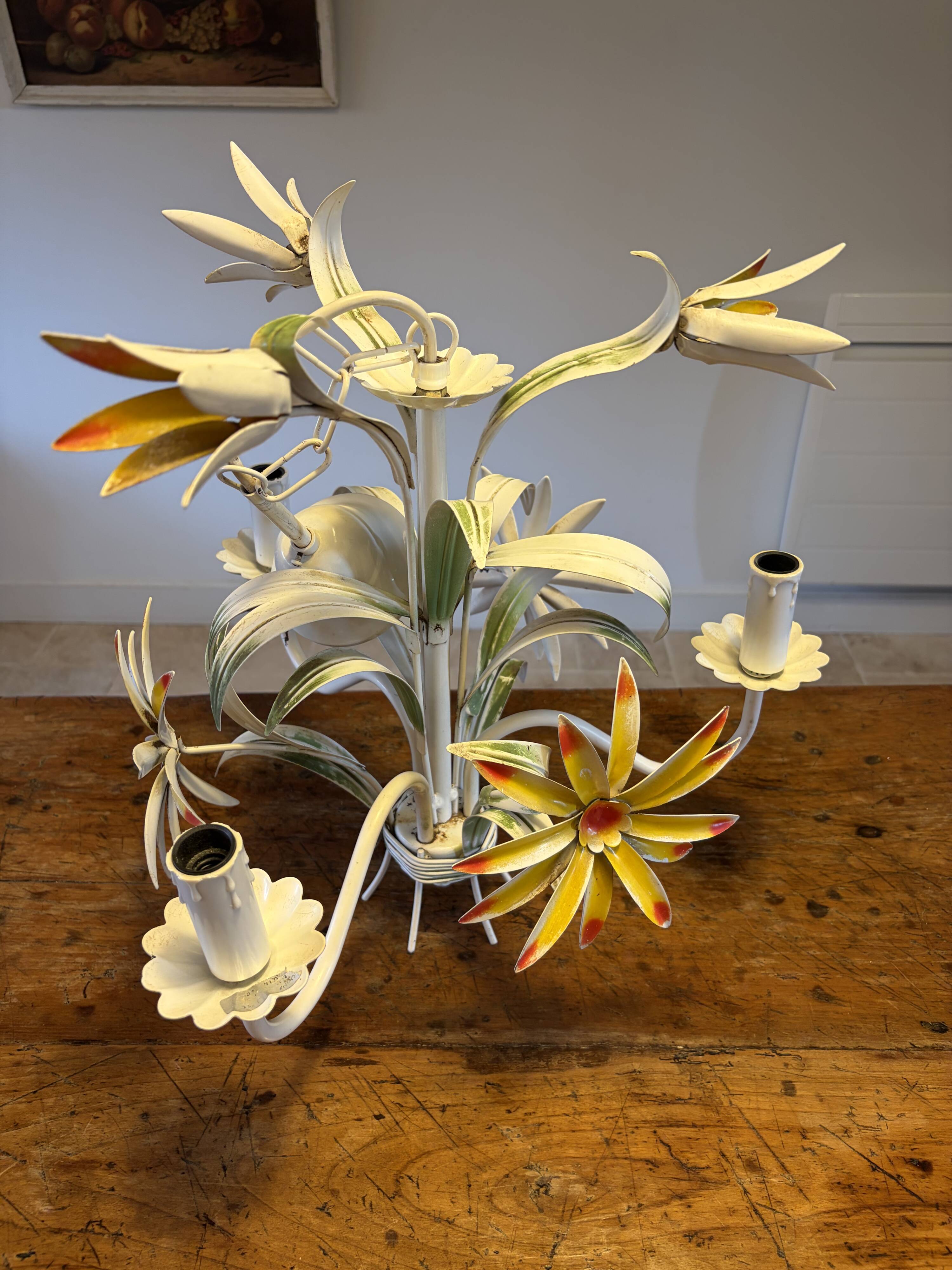 Vintage floral metal painted chandelier – 3 lights – 1970s
