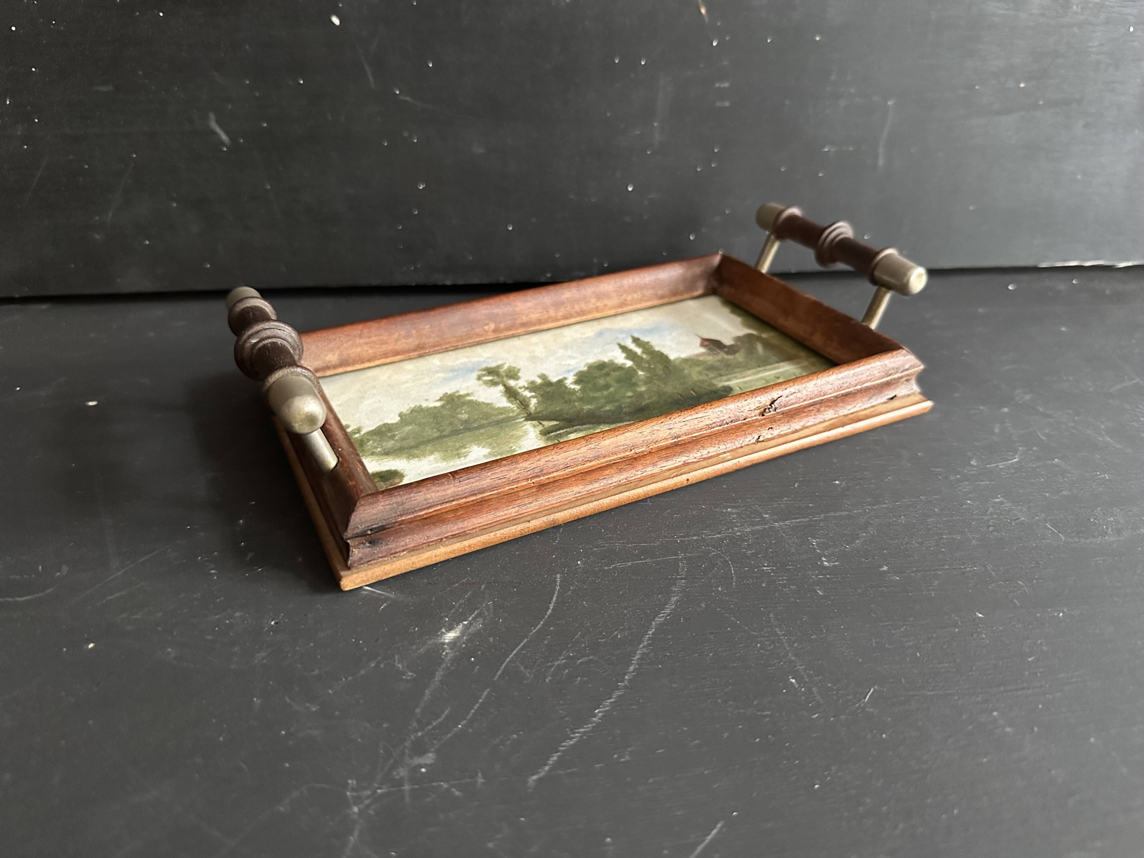 Antique miniature plateau, oil painting, turned wood and brass.