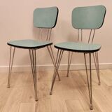 Pair of green Formica chairs with Eiffel legs