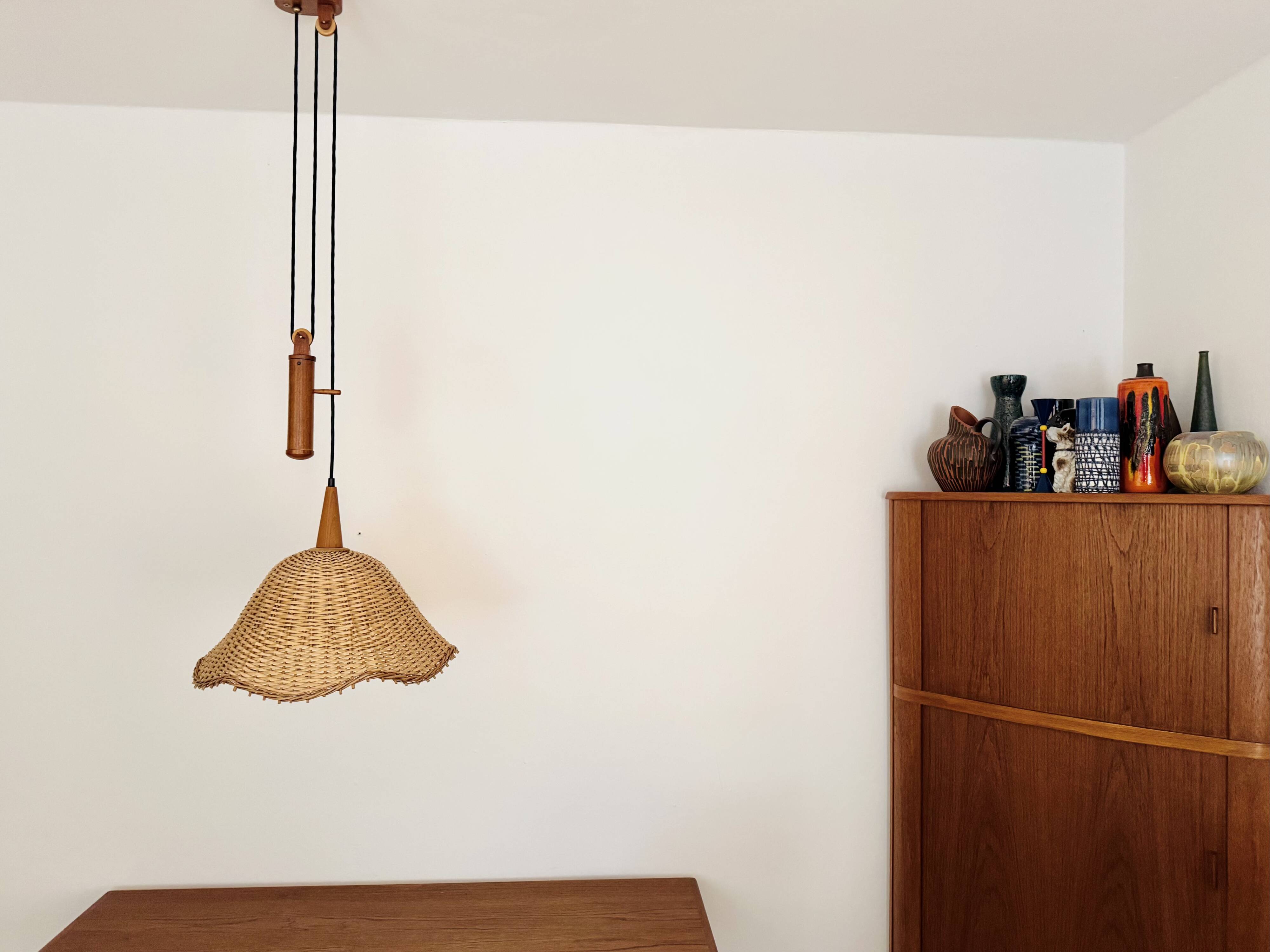 Adjustable Wicker and Teak Pendant Lamp