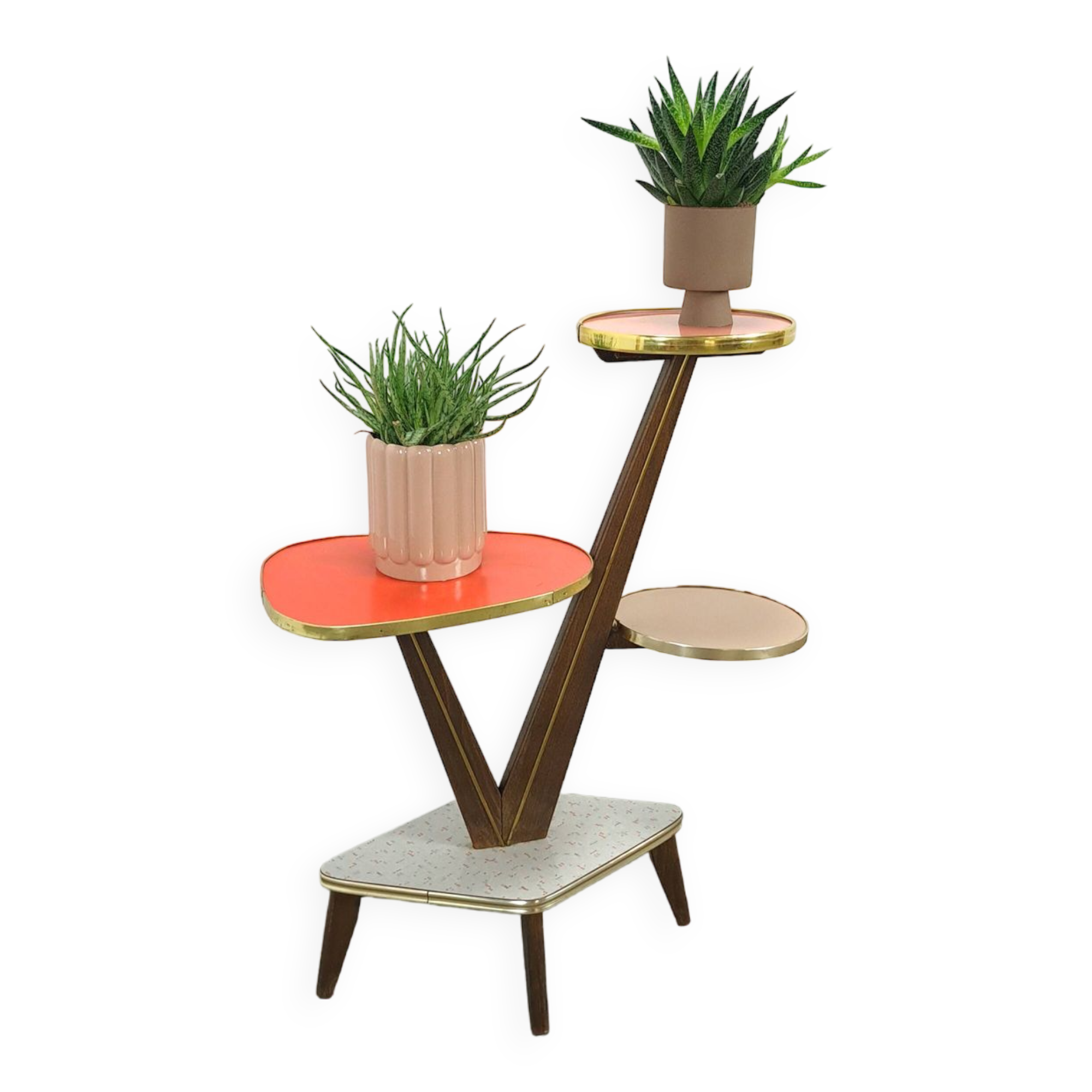 Hoge vintage plantentafel met messing en formica, plantenrek