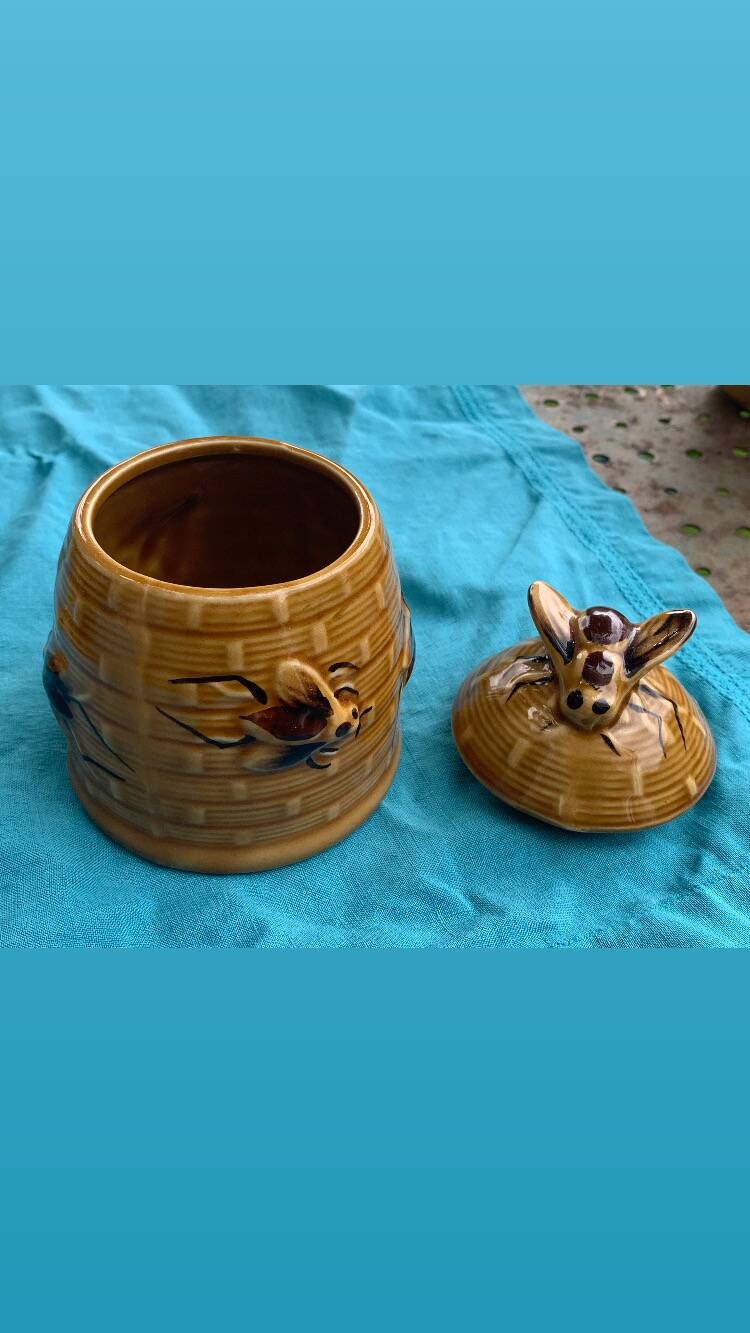 Beehive and bee honey pot in slip, vintage enameled ceramic