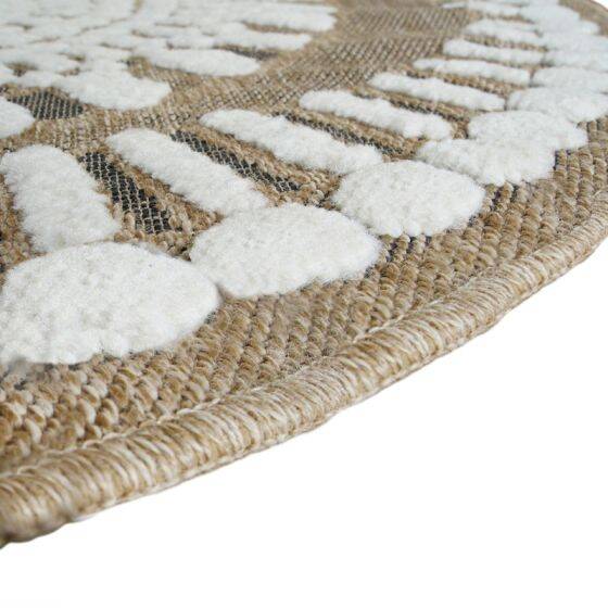 Round jute rug with white relief patterns, 70 cm