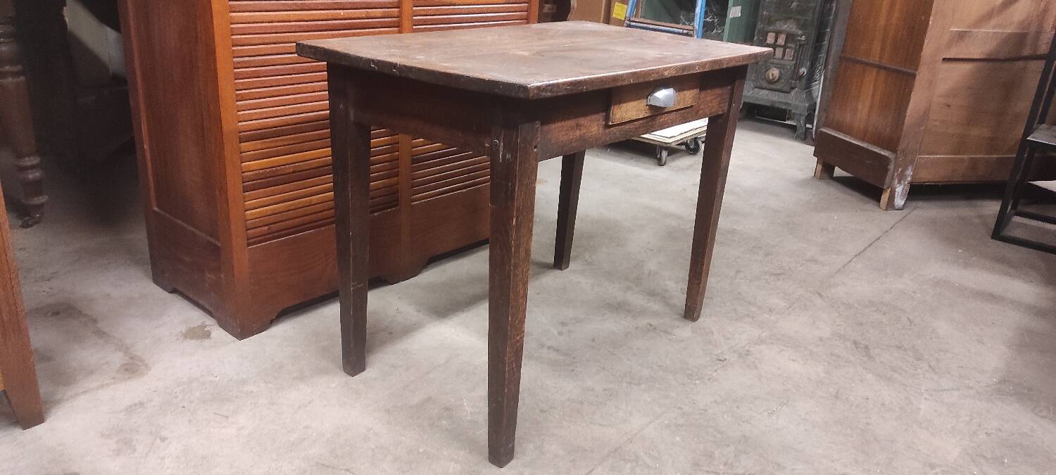 Small rustic children's table in old oak wood with drawer and shell handle