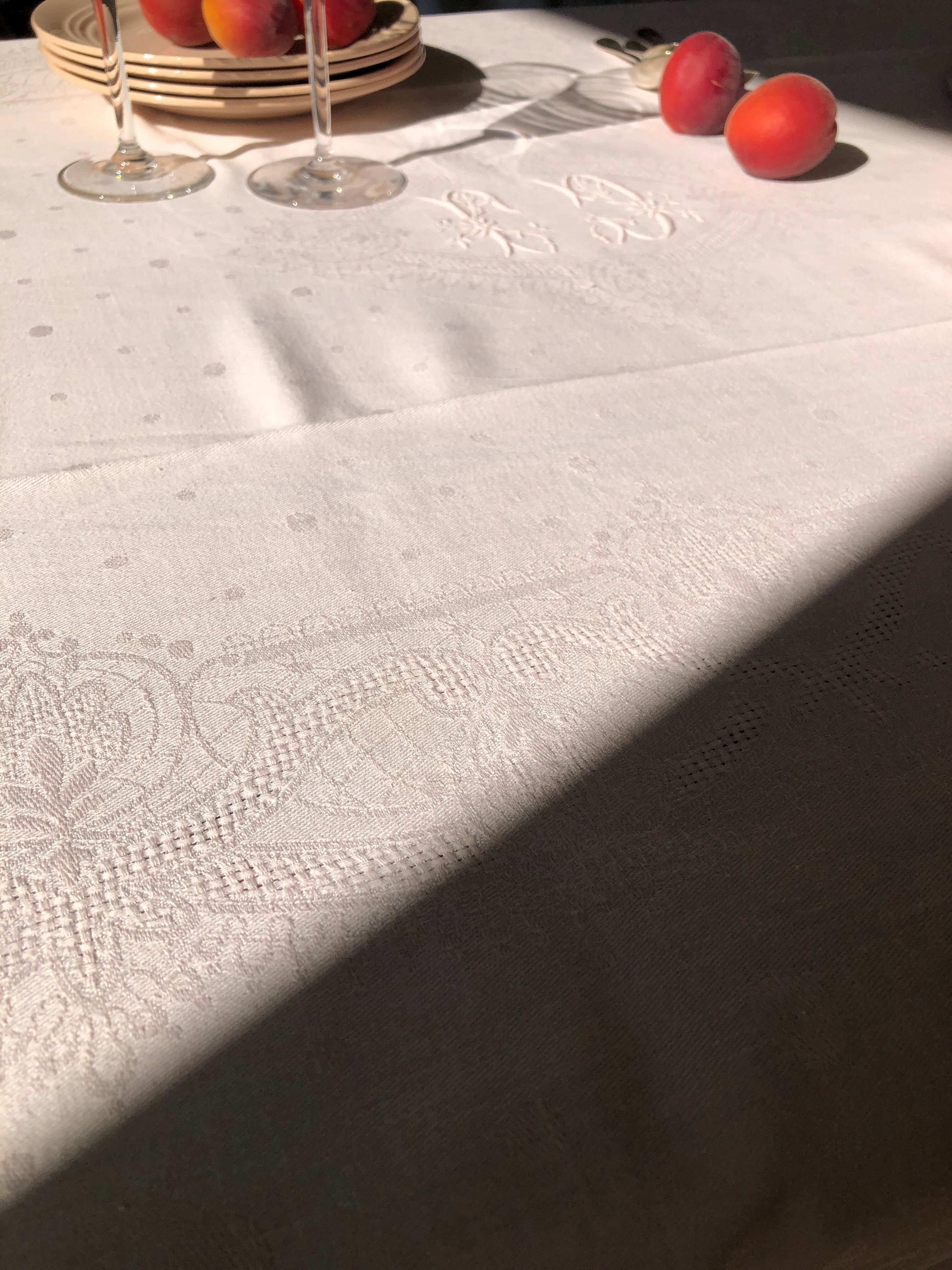 Nappe ancienne en damassée coton teintée en rose thé