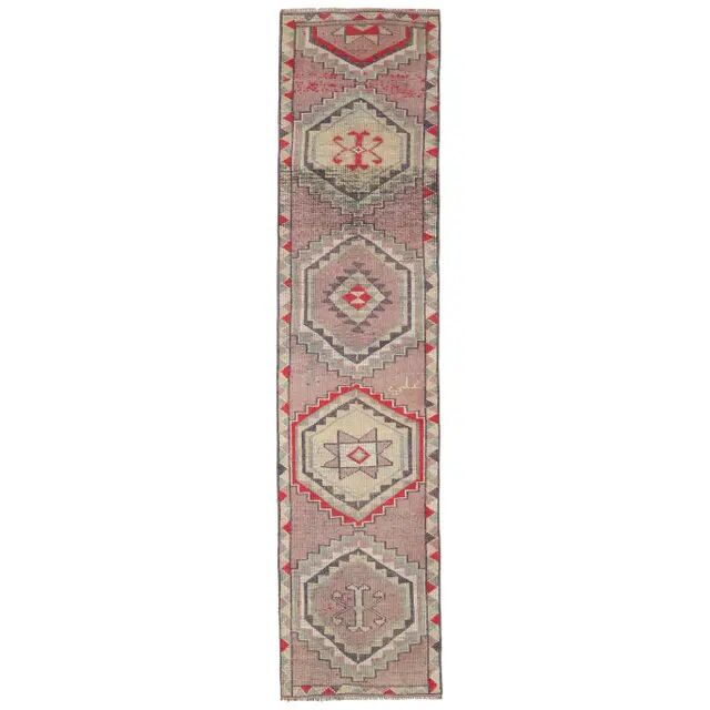 1970s Turkish hand-knotted wool cotton pink runner rug 94x335