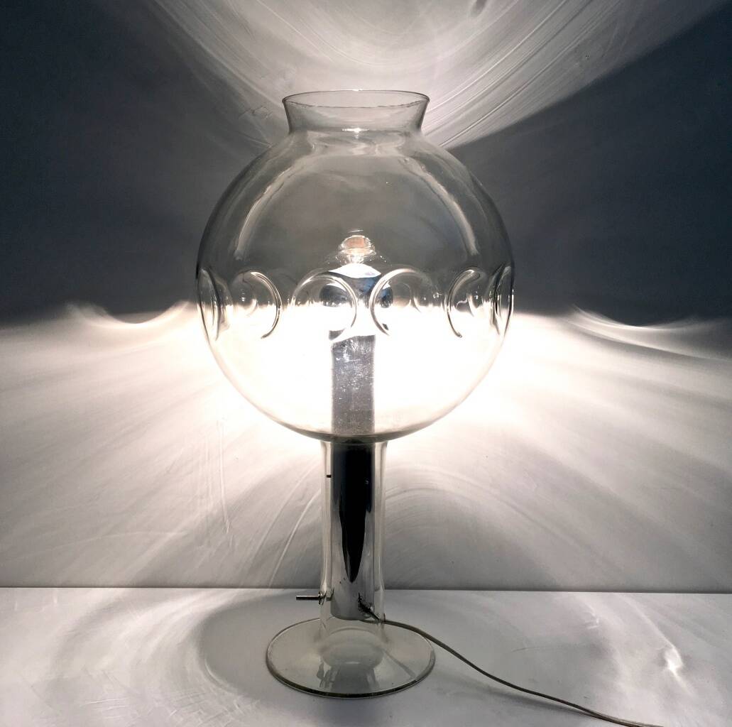 Steel Table Lamp with a Spheric Transparent Murano Glass Lampshade, Italy