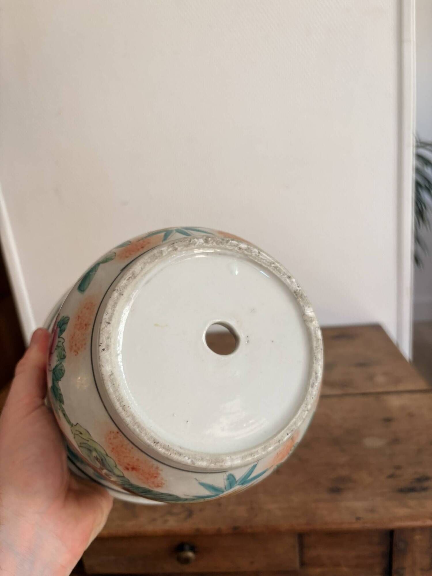 Cache pot jardinière decor pheasant China republic Famille Rose bamboo