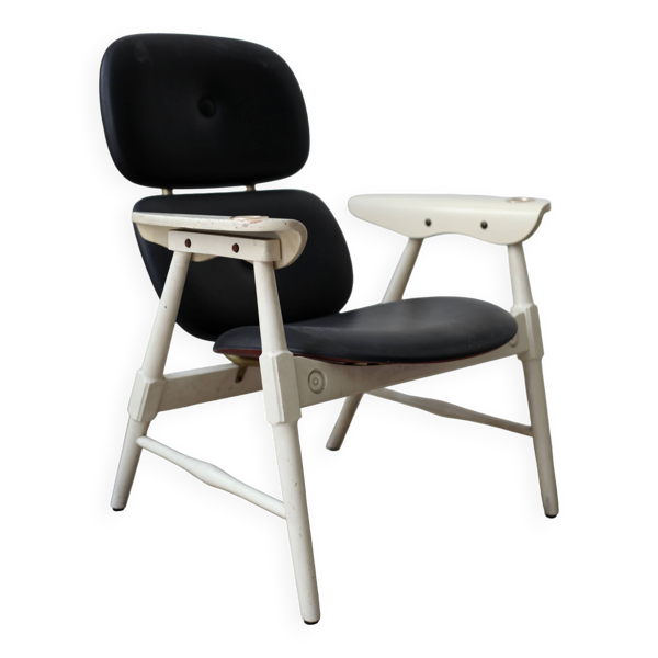 Fauteuil italien à dossier haut en bois laqué blanc et simili noir - Vintage des années 50
