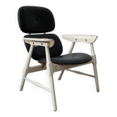 Italian high-back armchair in white lacquered wood and black imitation leather - Vintage from the 50s