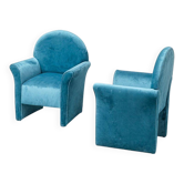 Pair of vintage blue velvet armchairs from the 1970s modernism