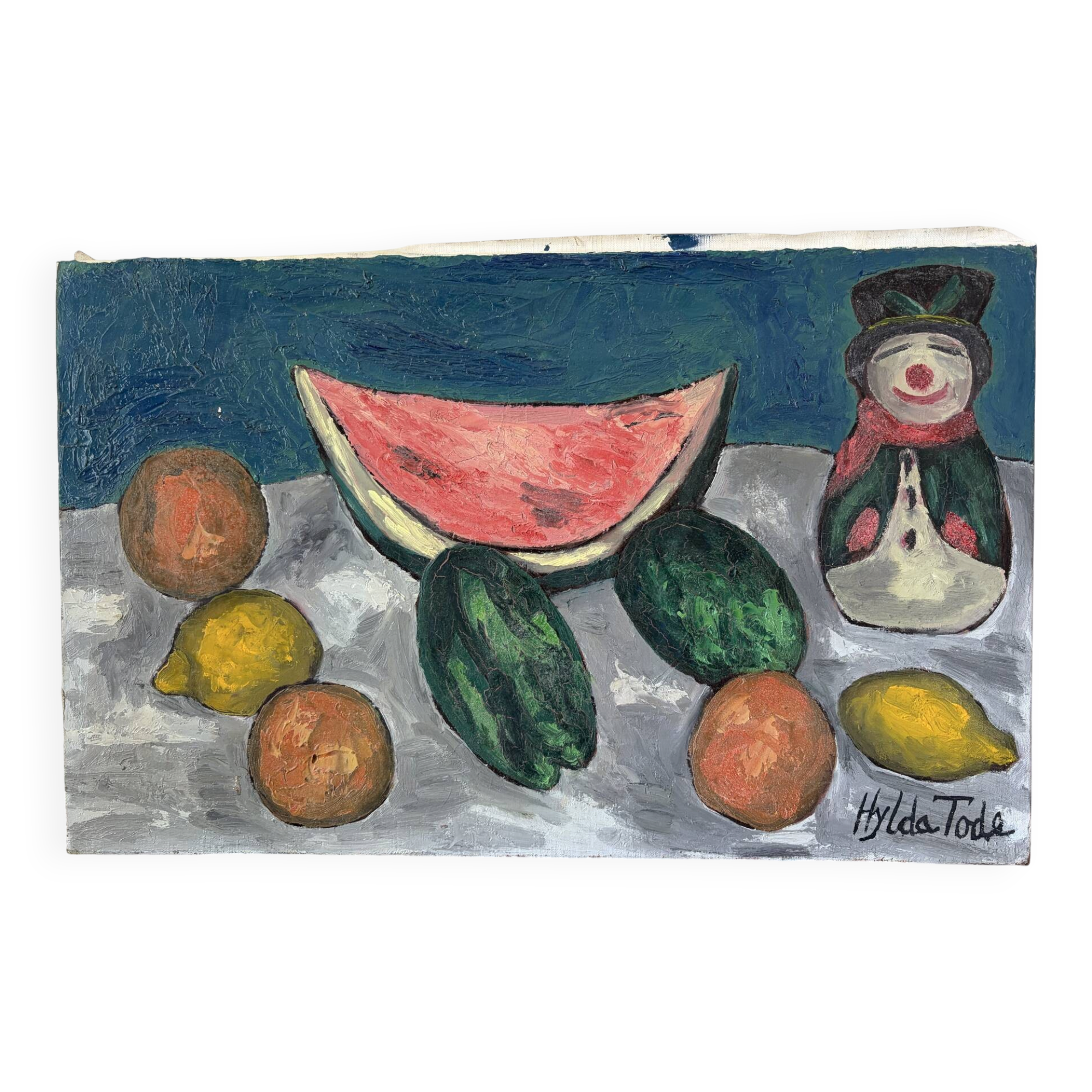 Still life, watermelon and clown, oil on canvas signed 1988