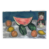 Nature morte, pastèque et clown, huile sur toile signée  1988