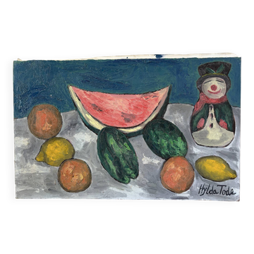 Still life, watermelon and clown, oil on canvas signed 1988