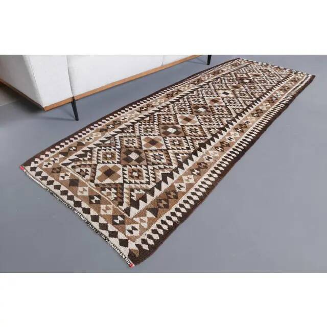 1970s Vintage Turkish Hand-Knotted Wool Cotton White Runner Rug 98x284